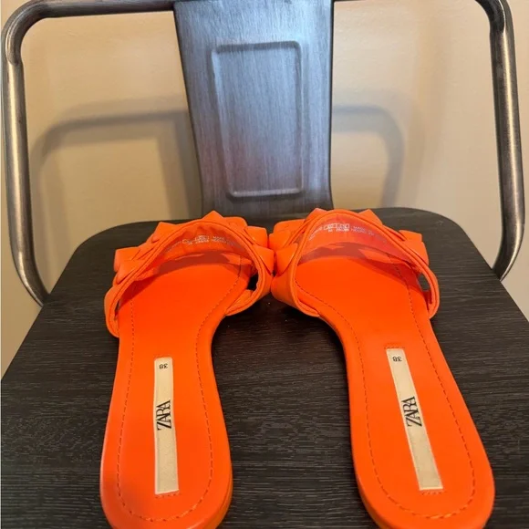Zara Neon Orange Studded Square Toe Slide Sandals Statement Minimalist EU38 7.5 - Picture 7 of 10